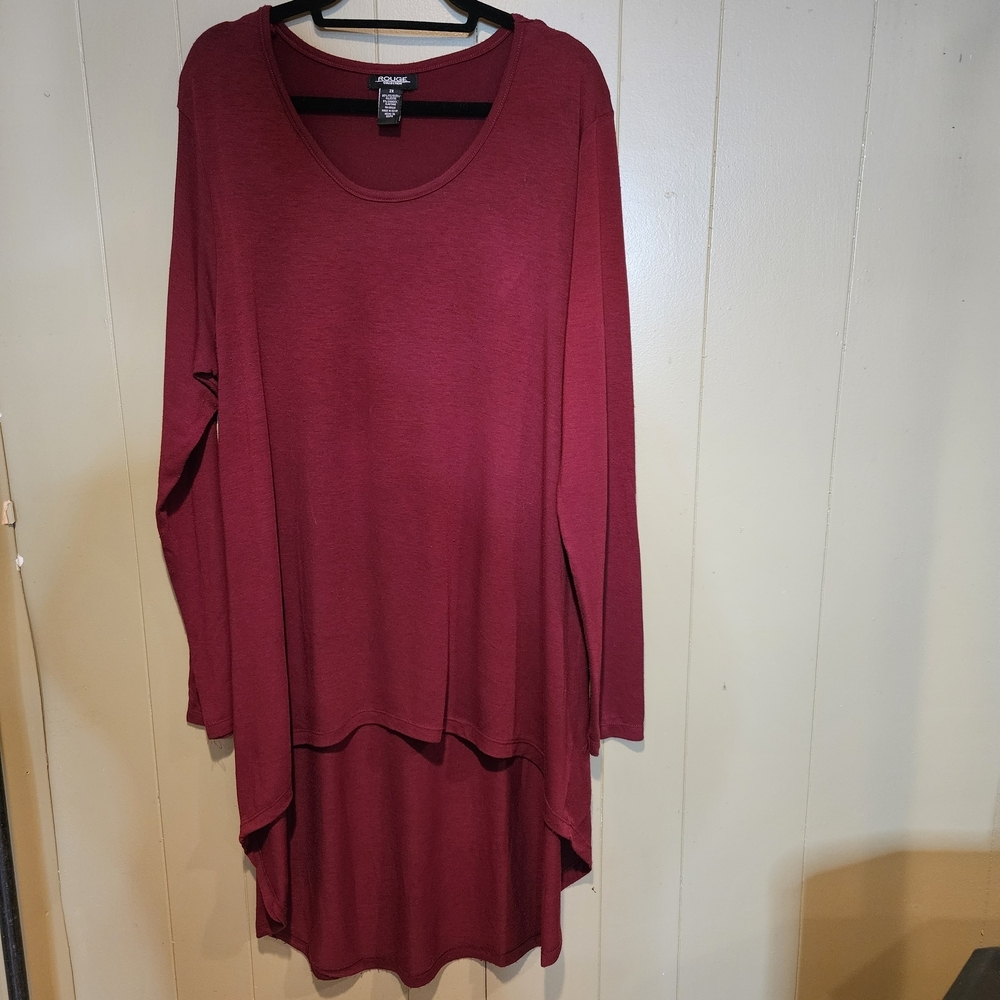 Rouge Collection Burgundy High Low Tunic Top 2X Plus Size Long Sleeve Flowy